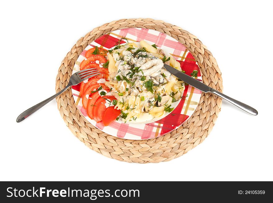 Pasta with seafood on white background