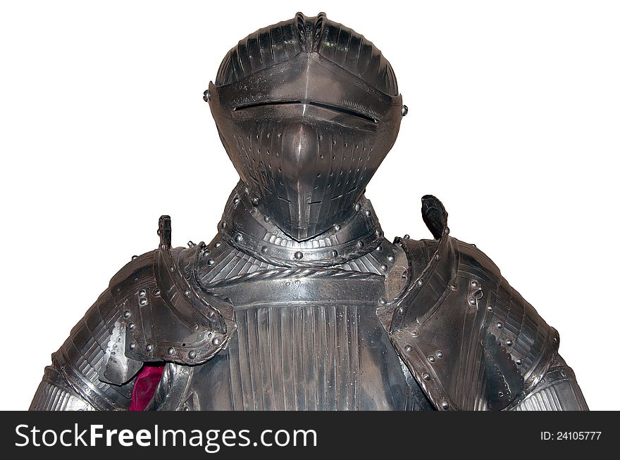 Upper part of an armour of medieval knight - armet and breastplate - isolated on white. Upper part of an armour of medieval knight - armet and breastplate - isolated on white