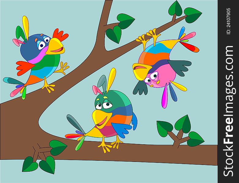Three happy parrots on a tree