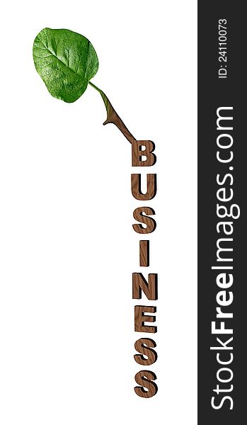 Wooden business word with a growing stem and a leaf coming out from it. Wooden business word with a growing stem and a leaf coming out from it