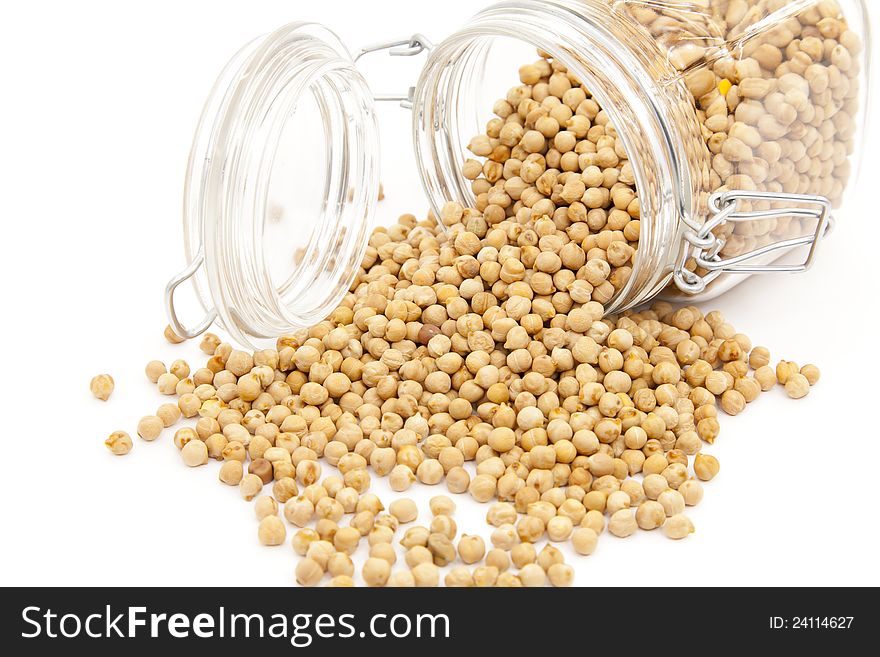 Throw away uncooked chickpeas with white background. Throw away uncooked chickpeas with white background