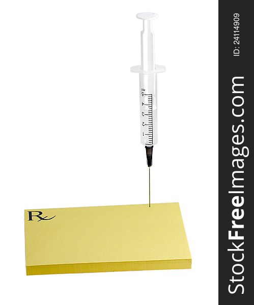 Empty prescription pad syringe isolated on white background.