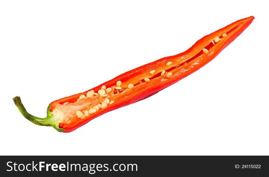 Red chili peppers with seeds isolated on white background