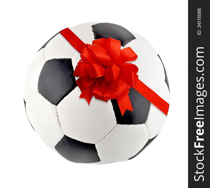 Red Gift Ribbon Bow in Soccer ball isolated on white background