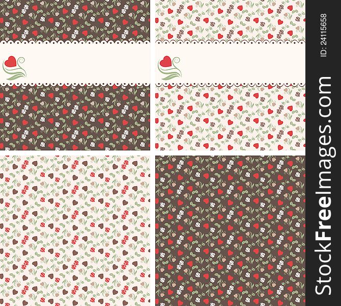 Romantic seamless patterns with hearts and roses