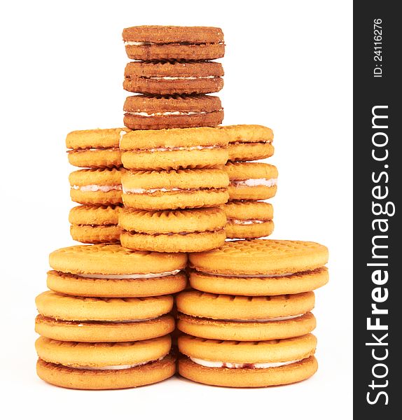 Biscuit cookies stack on white background