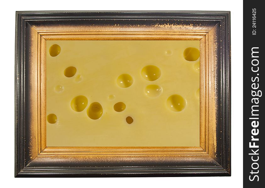 Texture of cheese in old wood frame. Texture of cheese in old wood frame