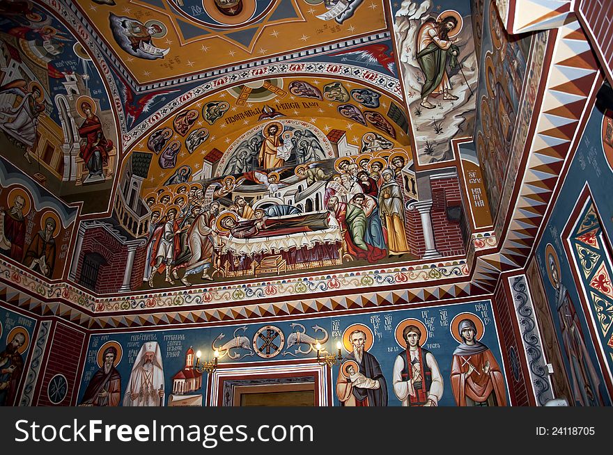 Beautiful colorful paintings inside an orthodox Romanian church. Beautiful colorful paintings inside an orthodox Romanian church