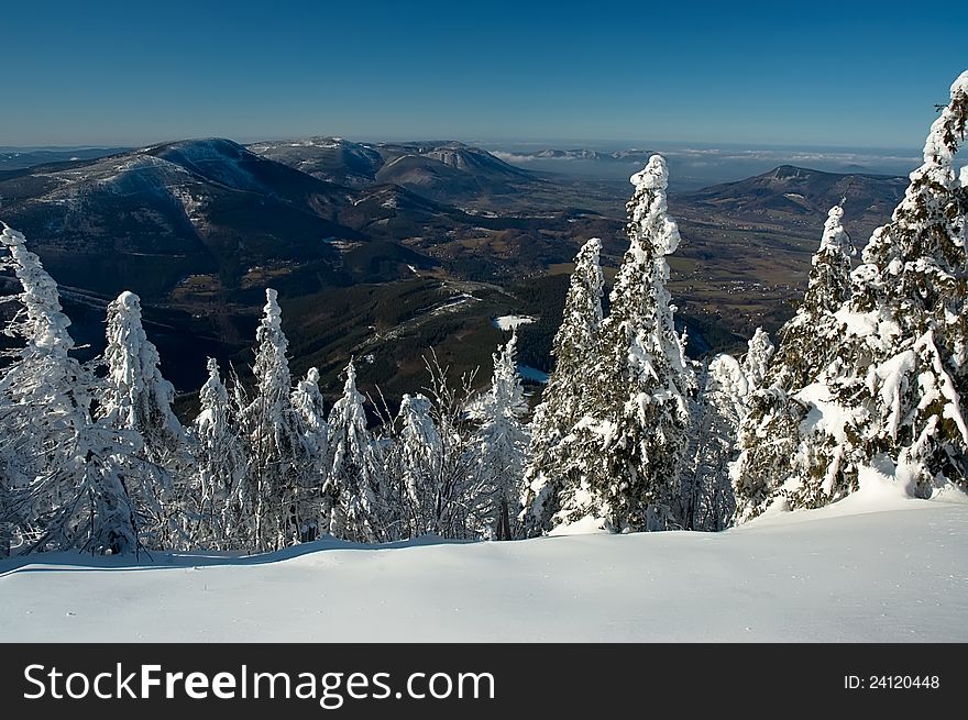 Views of the mountainous winter landscape. Views of the mountainous winter landscape