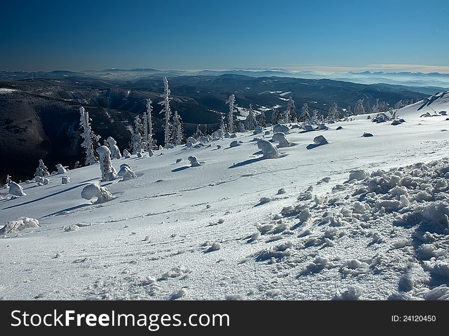 Views of the mountainous winter landscape. Views of the mountainous winter landscape