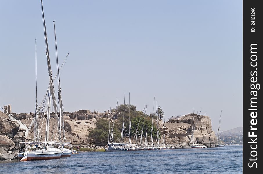 Sailing boats parked near Old Fort, Aswan, Egypt.