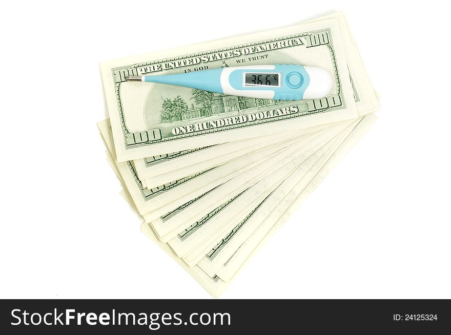 Medical thermometer on  dollars showing 36.6. Medical thermometer on  dollars showing 36.6