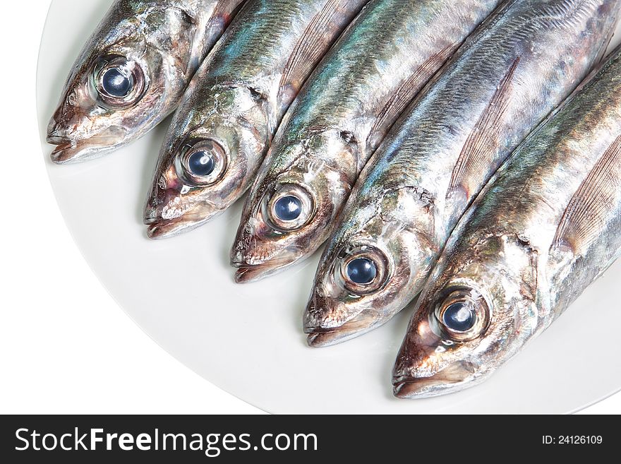 The Heads Of Raw Mackerel On A Plate.