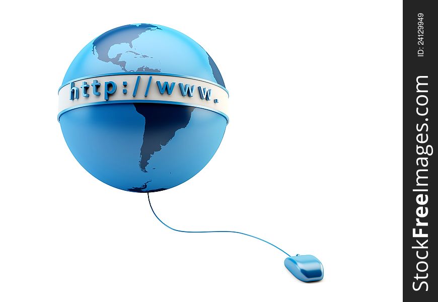 3d render of a mouse connected to the globe. 3d render of a mouse connected to the globe