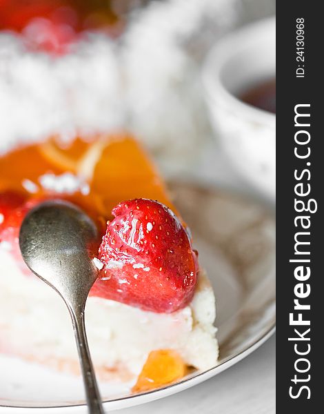 Strawberry piece cake in plate closeup. Strawberry piece cake in plate closeup