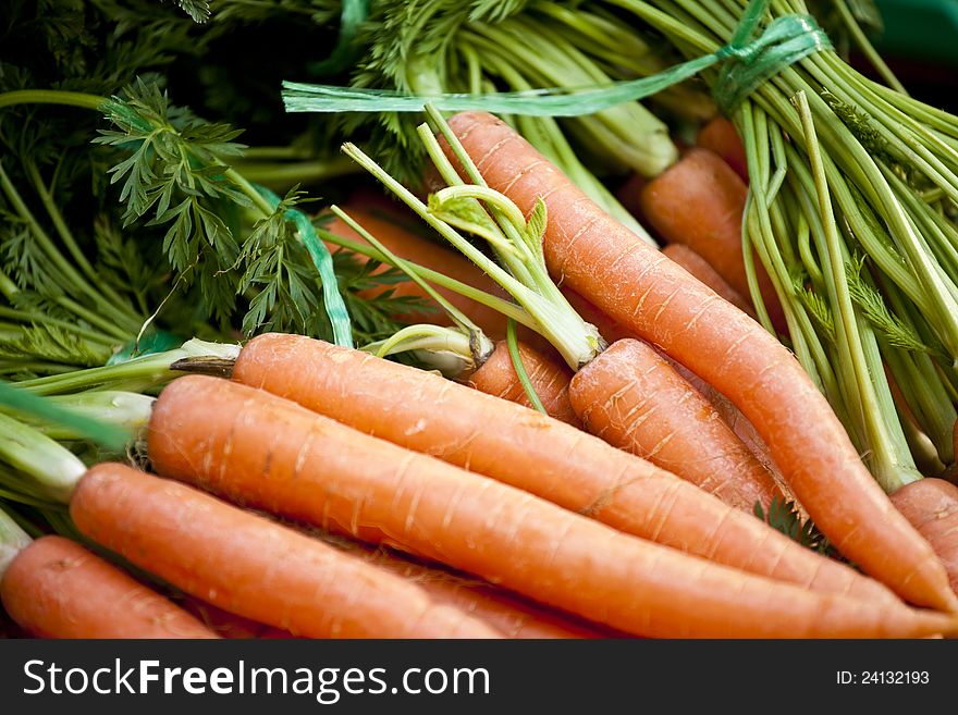 Fresh vegetables, carrots on a market