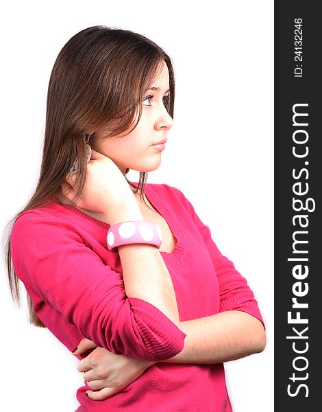 Portrait of young beautiful caucasian woman with long hair in pink pullover, studio shoot, over white. Portrait of young beautiful caucasian woman with long hair in pink pullover, studio shoot, over white