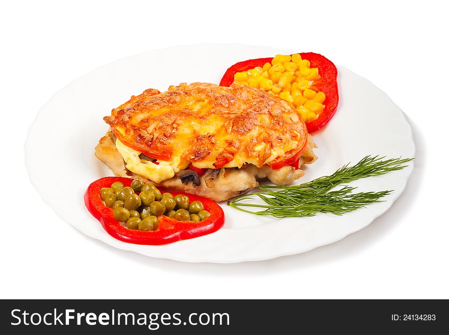 Meat with cheese and vegetables on white background