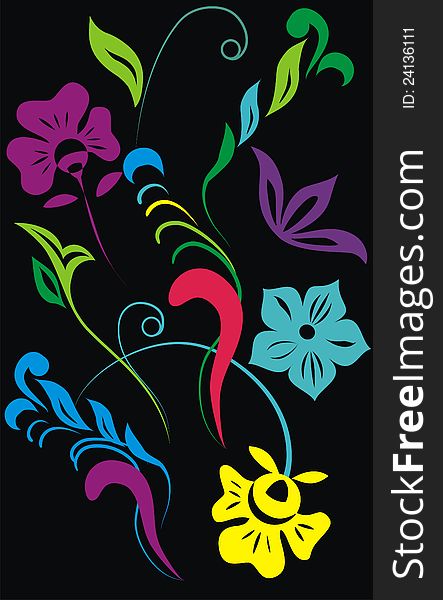 Bright floral elements on a black background. Bright floral elements on a black background.