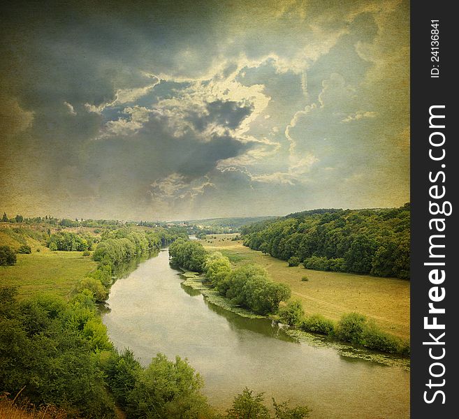 Landscape - meadow,Grunge blue sky and river. Landscape - meadow,Grunge blue sky and river