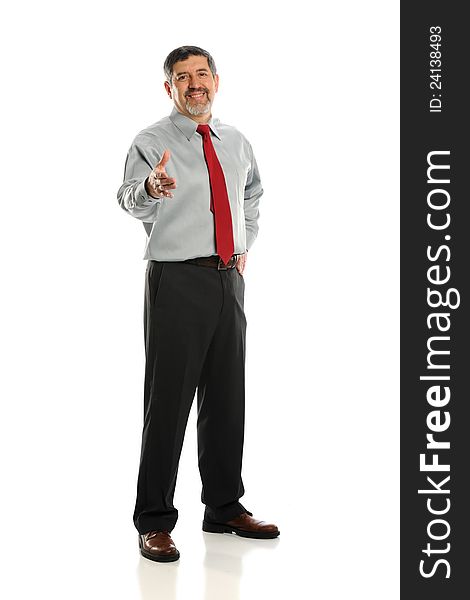 Mature businessman extending a handshake isolated on a white background. Mature businessman extending a handshake isolated on a white background