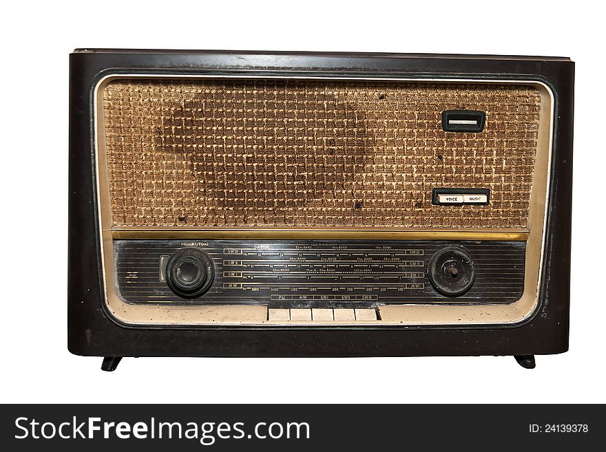 The Old radio on white background .