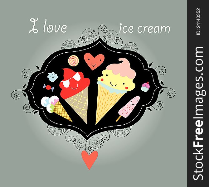 Funny background with ice cream and sweets on a gray