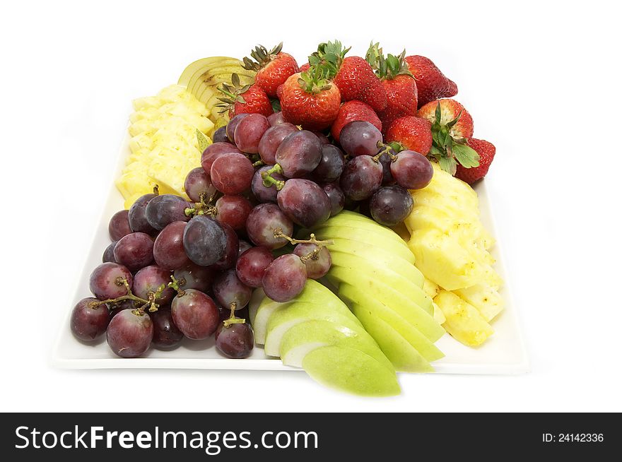 A plate of ripe fruit on a white background