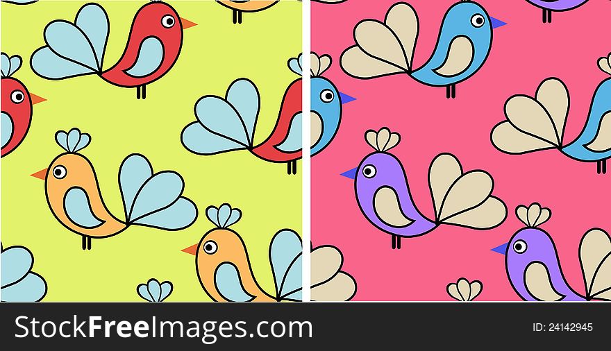 Set of cute seamless patterns with childish comic birds. Set of cute seamless patterns with childish comic birds
