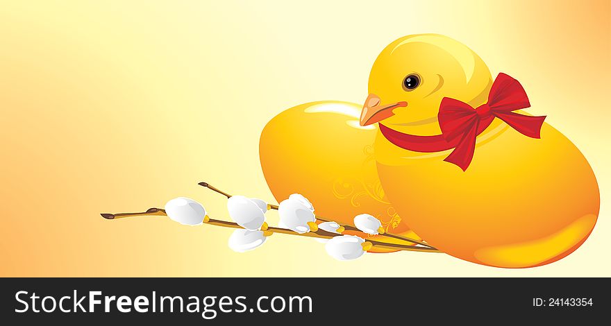 Easter chick and willow branch. Festive banner