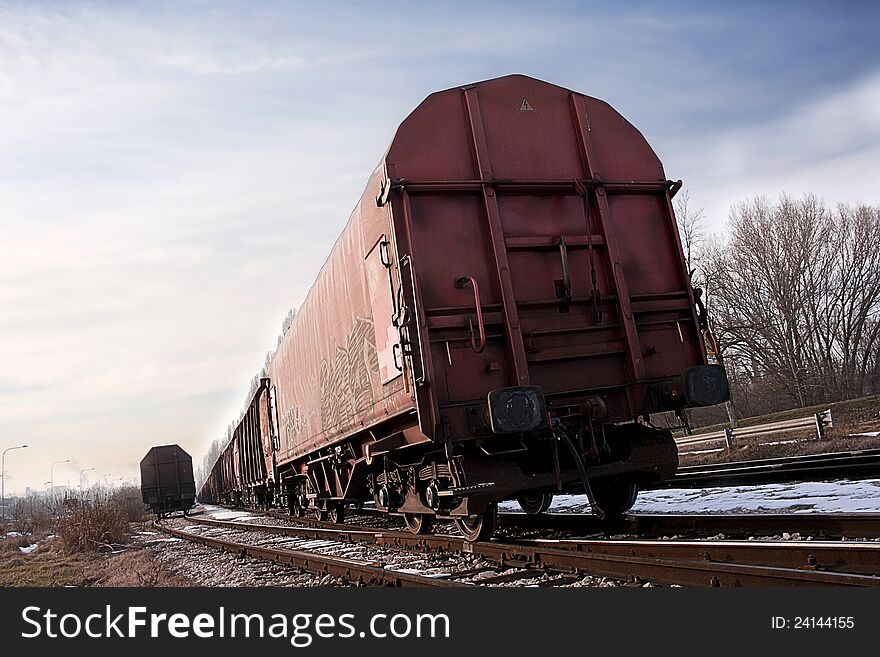 Railroad car on tracks in the snow