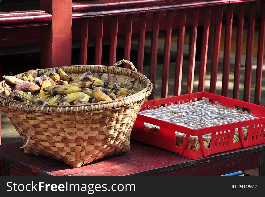 Basket of Bananas and Cake for delivery to monks