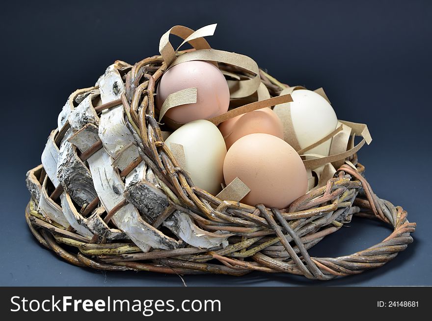 Basket of organic free-range eggs. Basket of organic free-range eggs