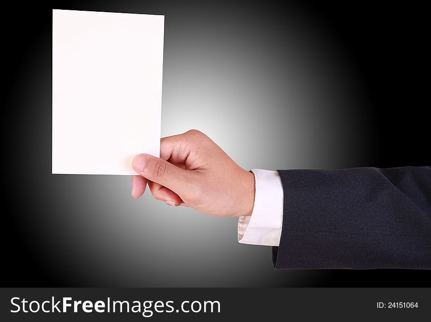 Business man hold blank paper  on white background