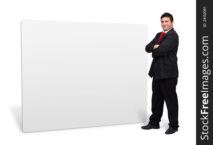 Young confident business man presenting a white empty board with copyspace