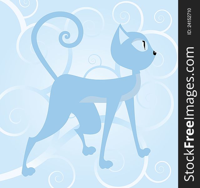 Vector illustration of a blue cat on spiral background