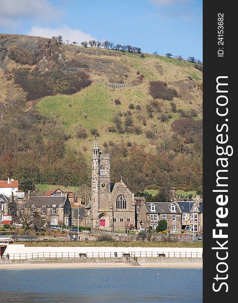 A view of the Fife coastal town of Burntisland and its church. A view of the Fife coastal town of Burntisland and its church