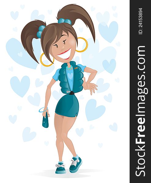 Vector illustration of a trendy young girl on a funky heart pattern background. Vector illustration of a trendy young girl on a funky heart pattern background.