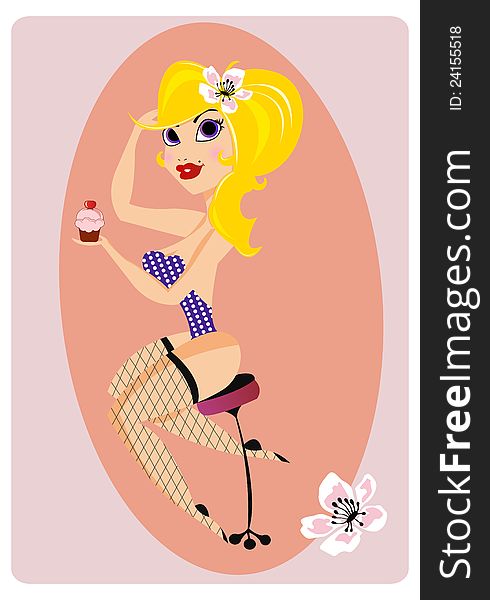 Beautiful blonde pin up girl sitting on a chair, holding a cup cake. Beautiful blonde pin up girl sitting on a chair, holding a cup cake