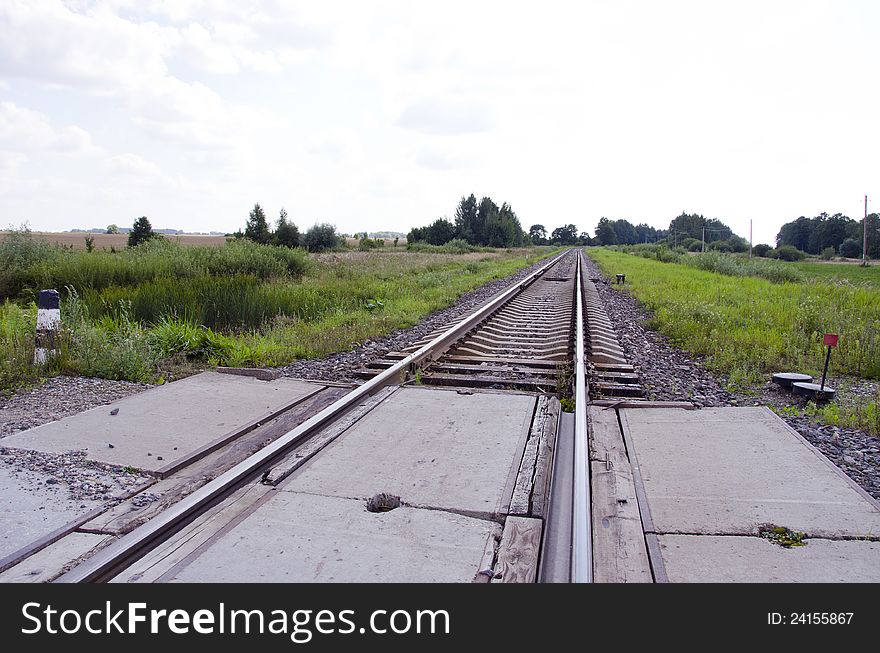 Railway track cross road between fields and forest