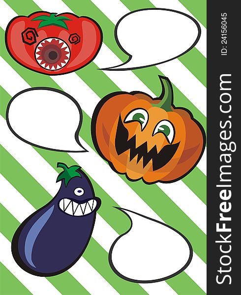 Funny monster tomato pumpkin eggplant with speech bubbles. Funny monster tomato pumpkin eggplant with speech bubbles