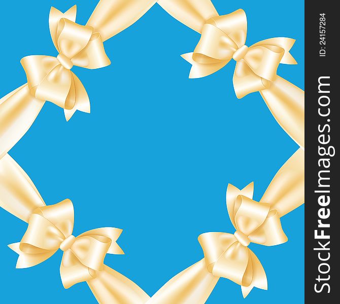 Festive frame of yellow ribbons and bows isolated on a blue background. Vector illustration