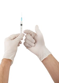 Doctor Hands With Gloves Holding Syringe Stock Photo