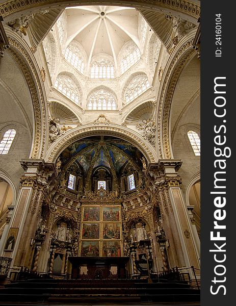 Main altar of the Saint Mary Cathedral in Valencia, Spain. The Cathedral is the mother Church of the Christian community in Valencia. Main altar of the Saint Mary Cathedral in Valencia, Spain. The Cathedral is the mother Church of the Christian community in Valencia.