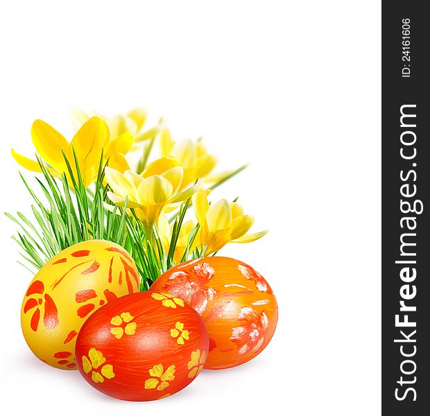 Hand painted Easter eggs and flowers isolated on white background. Hand painted Easter eggs and flowers isolated on white background.