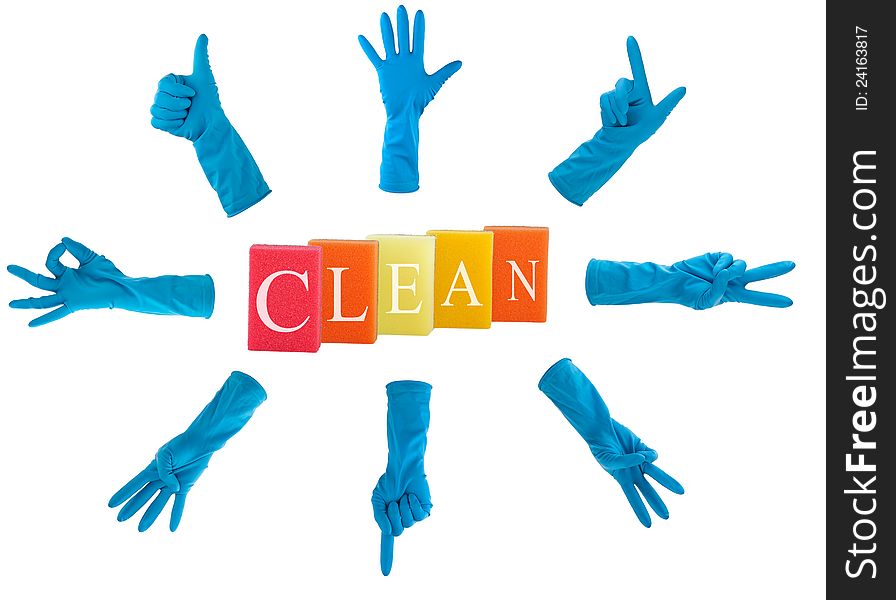 Concept of purity and cleaning the house. collage of rubber gloves and sponge isolated on white background