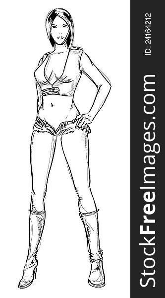 SKETCH. fashion girl. Hand-drawn fashion model