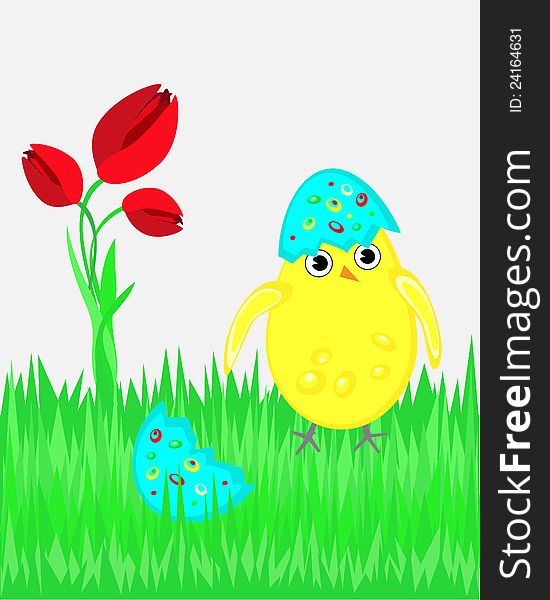 Happy Easter. Vector illustration with funny chicken, decorated egg on grass and tulips bouquet