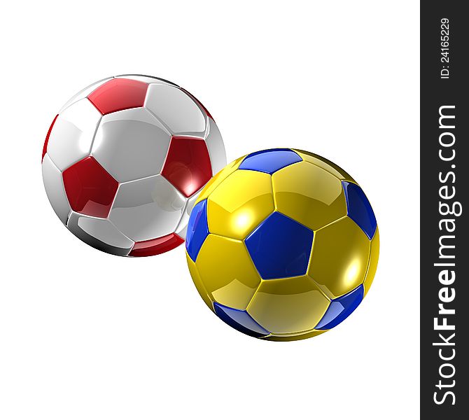 Soccer ball with the colors of flag of Ukraine and soccer ball with the colors of flag of Poland