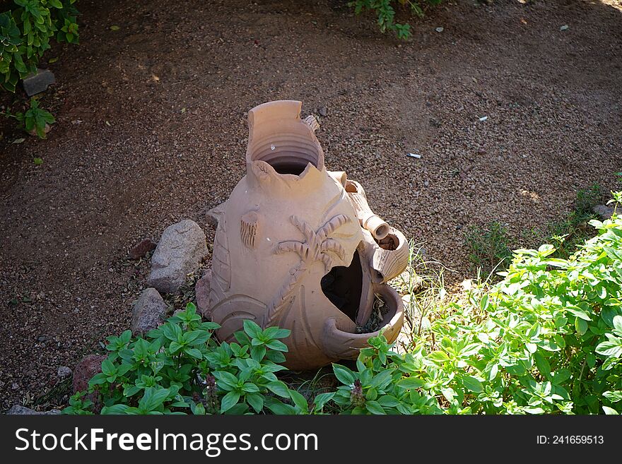 Gardens of Egypt. Ceramic decoration in the garden. Dahab, South Sinai Governorate, Egypt
